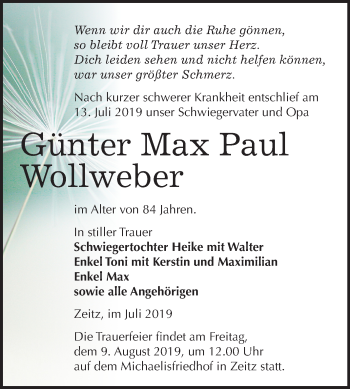 Traueranzeige von Günter Max Paul Wollweber von Mitteldeutsche Zeitung Zeitz