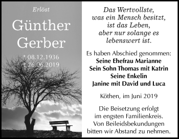 Traueranzeige von Günther Gerber von Mitteldeutsche Zeitung Köthen