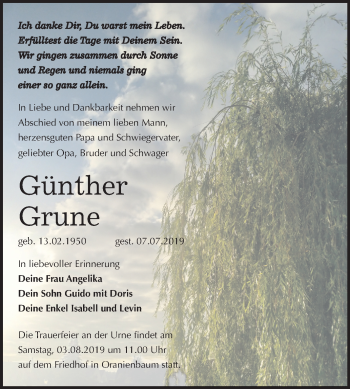 Traueranzeige von Günther Grune von Super Sonntag Wittenberg