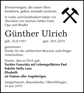 Traueranzeige von Günther Ulrich von Super Sonntag Sangerhausen