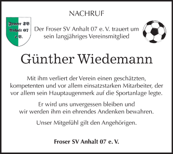 Traueranzeige von Günther Wiedemann von Super Sonntag Aschersleben
