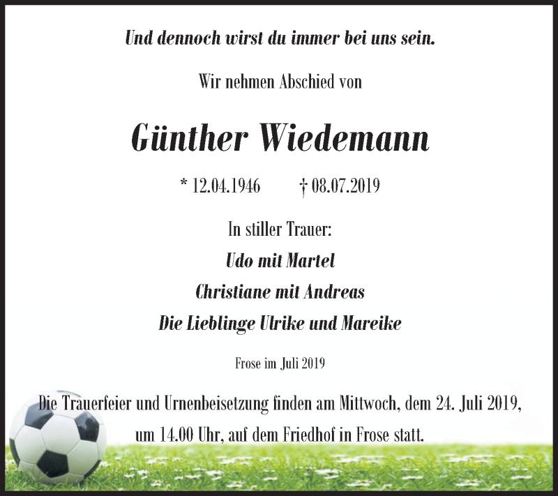  Traueranzeige für Günther Wiedemann vom 13.07.2019 aus Mitteldeutsche Zeitung Aschersleben