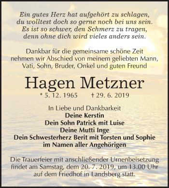 Traueranzeige von Hagen Metzner von Mitteldeutsche Zeitung Halle/Saalkreis
