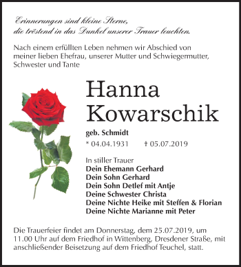 Traueranzeige von Hanna Kowarschik von Super Sonntag Wittenberg