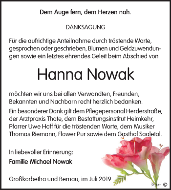 Traueranzeige von Hanna Nowak von Wochenspiegel Weißenfels