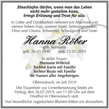 Traueranzeige von Hanna Röber von Super Sonntag Merseburg/Querfurt