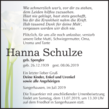 Traueranzeige von Hanna Schulze von Mitteldeutsche Zeitung Sangerhausen