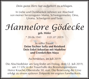 Traueranzeige von Hannelore Gödecke von Super Sonntag Aschersleben