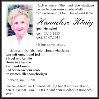 Traueranzeige von Hannelore König von Mitteldeutsche Zeitung Merseburg/Querfurt
