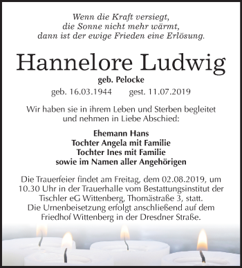 Traueranzeige von Hannelore Ludwig von Super Sonntag Wittenberg