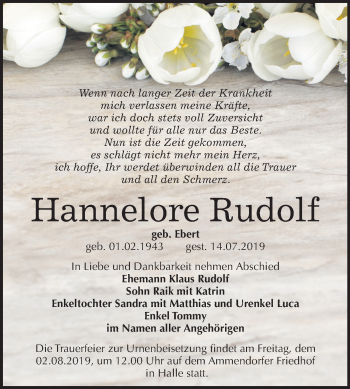 Traueranzeige von Hannelore Rudolf von Mitteldeutsche Zeitung Halle/Saalkreis
