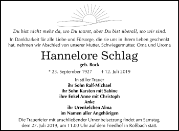 Traueranzeige von Hannelore Schlag von Mitteldeutsche Zeitung Naumburg/Nebra