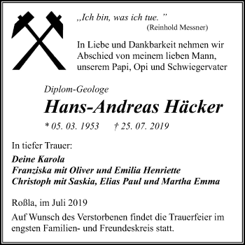 Traueranzeige von Hans-Andreas Häcker von Mitteldeutsche Zeitung Sangerhausen