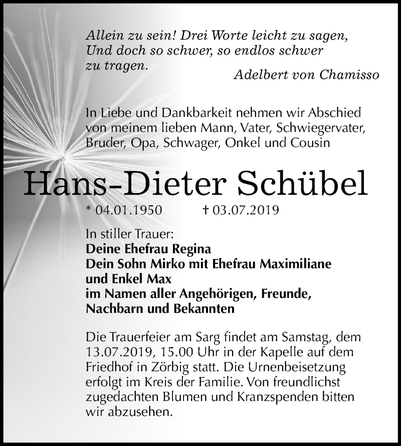  Traueranzeige für Hans-Dieter Schübel vom 09.07.2019 aus Mitteldeutsche Zeitung Bitterfeld