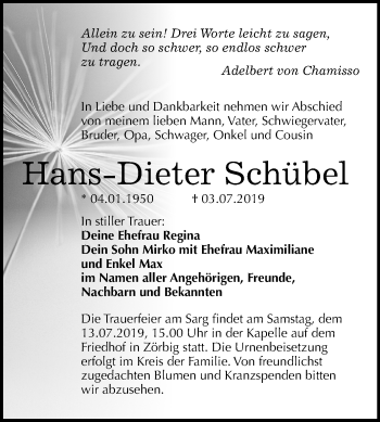 Traueranzeige von Hans-Dieter Schübel von Mitteldeutsche Zeitung Bitterfeld