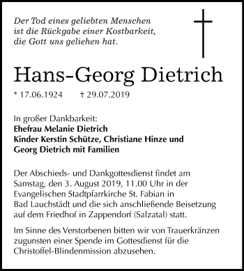 Traueranzeige von Hans-Georg Dietrich von Mitteldeutsche Zeitung Merseburg/Querfurt