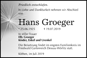 Traueranzeige von Hans Groeger von Super Sonntag Wittenberg