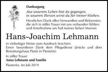 Traueranzeige von Hans-Joachim Lehmann von Mitteldeutsche Zeitung Wittenberg
