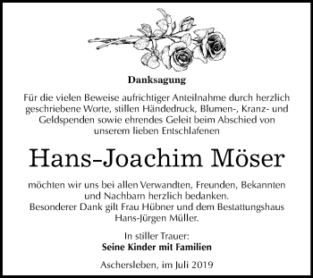 Traueranzeige von Hans-Joachim Möser von Wochenspiegel Aschersleben