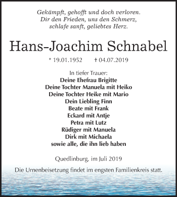 Traueranzeige von Hans-Joachim Schnabel von Mitteldeutsche Zeitung Quedlinburg