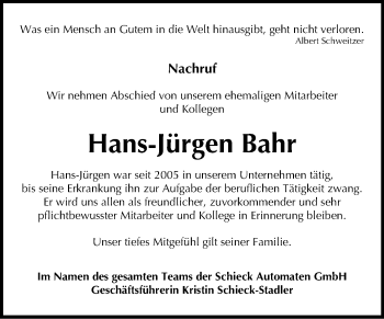 Traueranzeige von Hans-Jürgen Bahr von Wochenspiegel Weißenfels