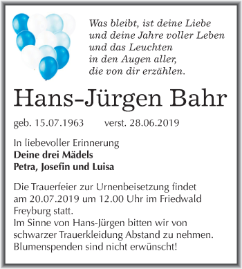 Traueranzeige von Hans-Jürgen Bahr von Mitteldeutsche Zeitung Weißenfels