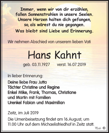 Traueranzeige von Hans Kahnt von Super Sonntag Zeitz