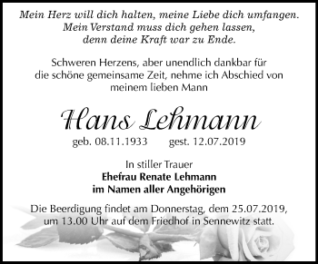 Traueranzeige von Hans Lehmann von Mitteldeutsche Zeitung Halle/Saalkreis