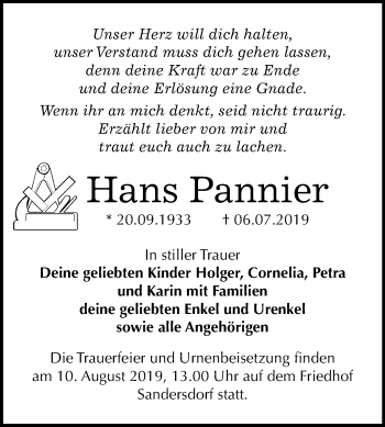 Traueranzeige von Hans Pannier von Mitteldeutsche Zeitung Bitterfeld