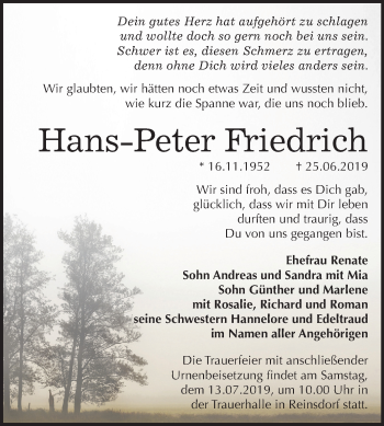 Traueranzeige von Hans-Peter Friedrich von Mitteldeutsche Zeitung Merseburg/Querfurt