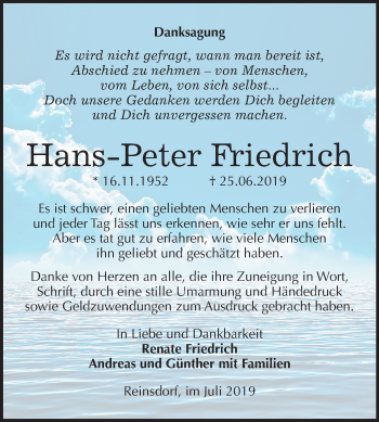 Traueranzeige von Hans-Peter Friedrich von Mitteldeutsche Zeitung Merseburg/Querfurt