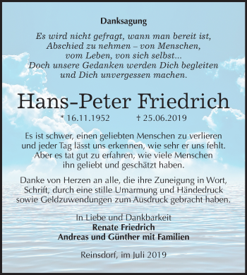 Traueranzeige von Hans-Peter Friedrich von Wochenspiegel Merseburg/Querfurt