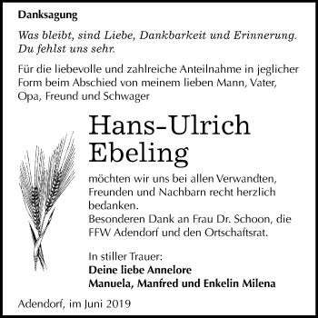 Traueranzeige von Hans-Ulrich Ebeling von Wochenspiegel Mansfelder Land