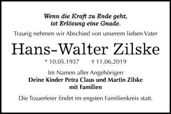 Traueranzeige von Hans-Walter Zilske von Mitteldeutsche Zeitung Dessau-Roßlau
