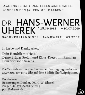Traueranzeige von Hans-Werner Uherek von Mitteldeutsche Zeitung Weißenfels