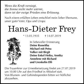 Traueranzeige von Hans Dieter Frey von Wochenspiegel Mansfelder Land