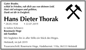 Traueranzeige von Hans Dieter Thorak von Mitteldeutsche Zeitung Mansfelder Land