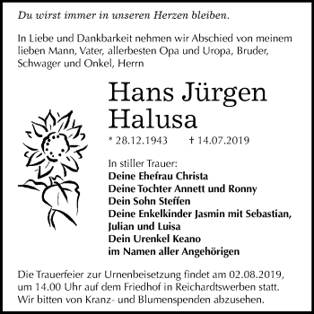Traueranzeige von Hans Jürgen Halusa von Wochenspiegel Weißenfels