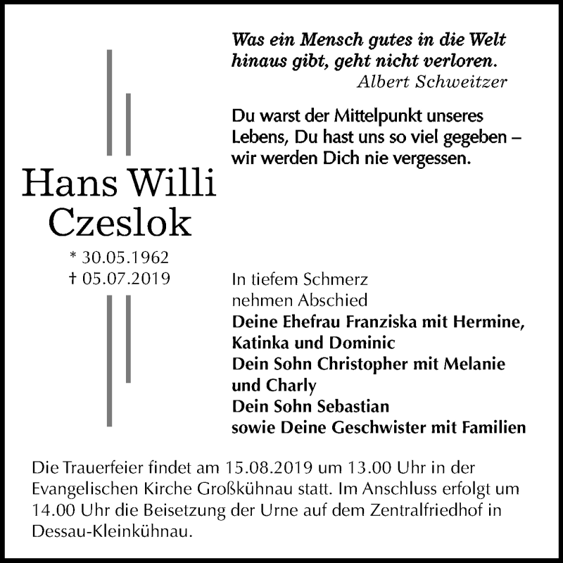  Traueranzeige für Hans Willi Czeslok vom 13.07.2019 aus Mitteldeutsche Zeitung Dessau-Roßlau