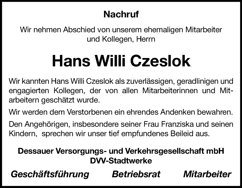  Traueranzeige für Hans Willi Czeslok vom 27.07.2019 aus Super Sonntag Dessau-Roßlau