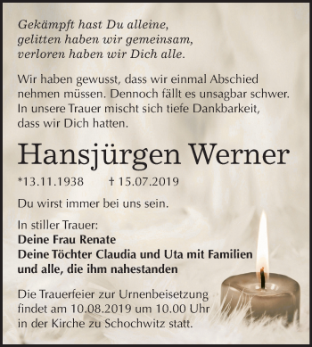 Traueranzeige von Hansjürgen Werner von Mitteldeutsche Zeitung Halle/Saalkreis