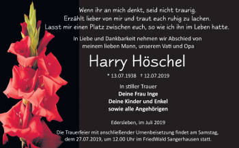 Traueranzeige von Harry Höschel von Super Sonntag Sangerhausen