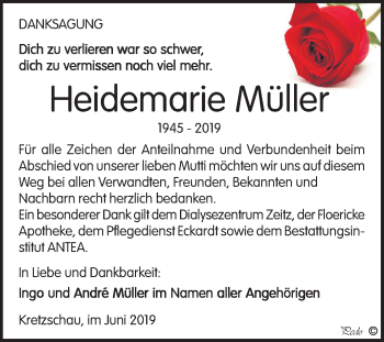 Traueranzeige von Heidemarie Müller von Super Sonntag Zeitz