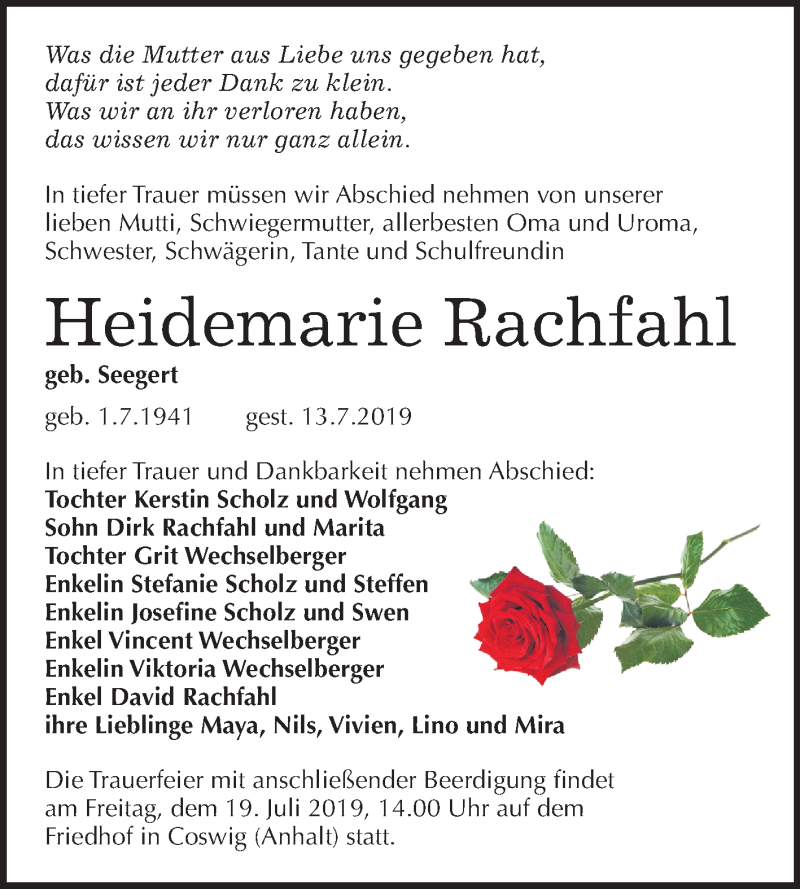  Traueranzeige für Heidemarie Rachfahl vom 17.07.2019 aus Mitteldeutsche Zeitung Wittenberg