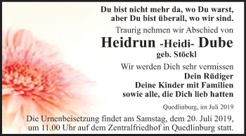 Traueranzeige von Heidrun Dube von Wochenspiegel Quedlinburg