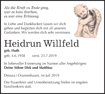 Traueranzeige von Heidrun Willfeld von Super Sonntag Dessau-Roßlau