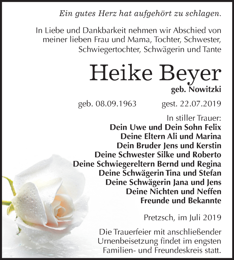 Traueranzeige für Heike Beyer vom 27.07.2019 aus Super Sonntag Wittenberg