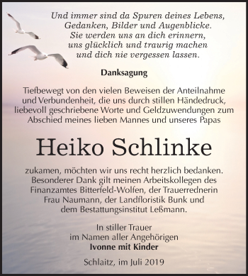 Traueranzeige von Heiko Schlinke von Wochenspiegel Bitterfeld