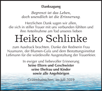 Traueranzeige von Heiko Schlinke von Mitteldeutsche Zeitung Wittenberg