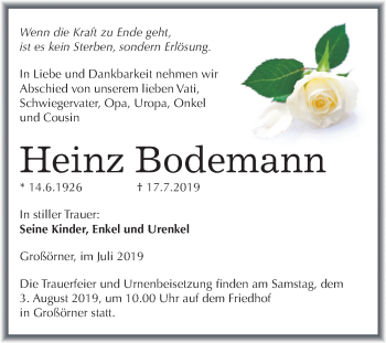 Traueranzeige von Heinz Bodemann von Mitteldeutsche Zeitung Mansfelder Land